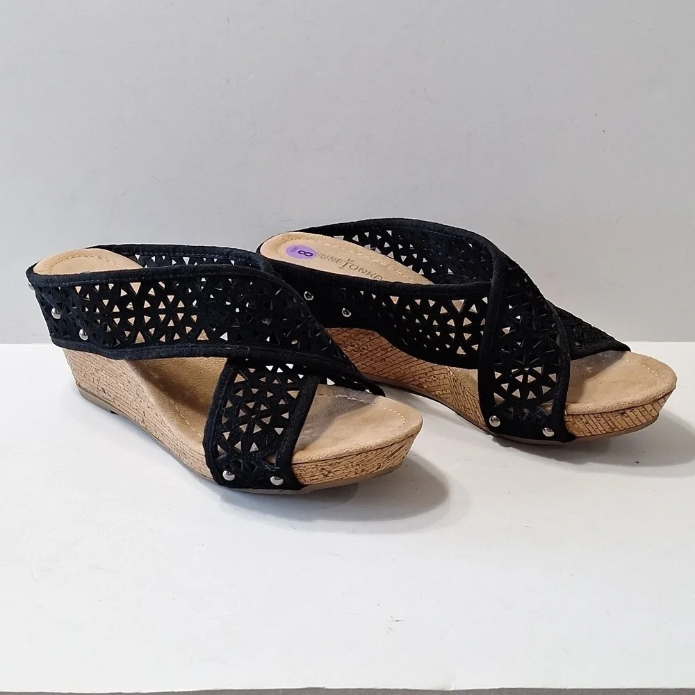 Minnetonka Black Tan Bohemian Lainey Boho Cut Out Suede Wedge Sandals Size 8